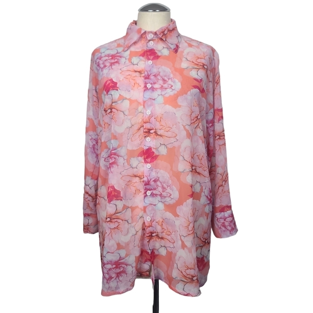 PrettyLittleThing Floral Button Down Long Sleeve Sheer Tunic Blouse 2